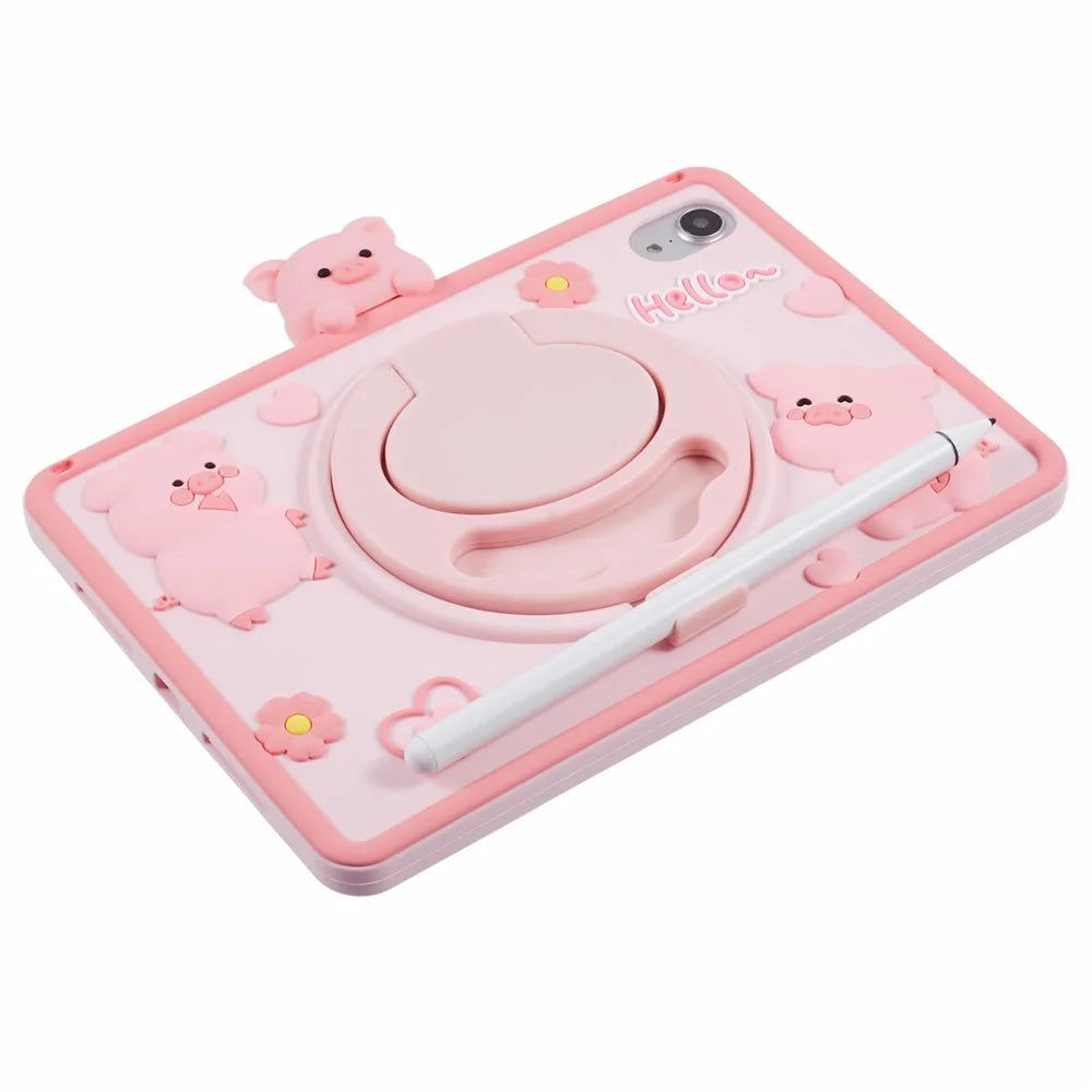 For iPad mini (2024) / mini (2021) Silicone Case with Shoulder Strap Kickstand Cartoon Pig Tablet Cover - 4