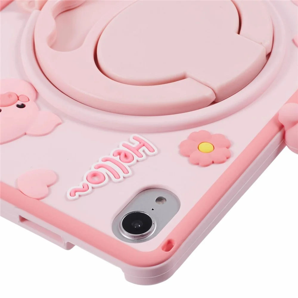 For iPad mini (2024) / mini (2021) Silicone Case with Shoulder Strap Kickstand Cartoon Pig Tablet Cover - 5