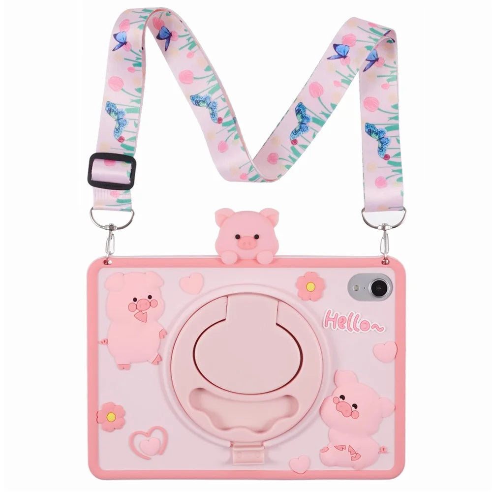 For iPad mini (2024) / mini (2021) Silicone Case with Shoulder Strap Kickstand Cartoon Pig Tablet Cover - 7