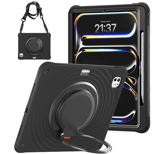 For iPad Pro 13 (2024) Case with Shoulder Strap Kickstand PC+Silicone+TPU Tablet Cover - Black - 1