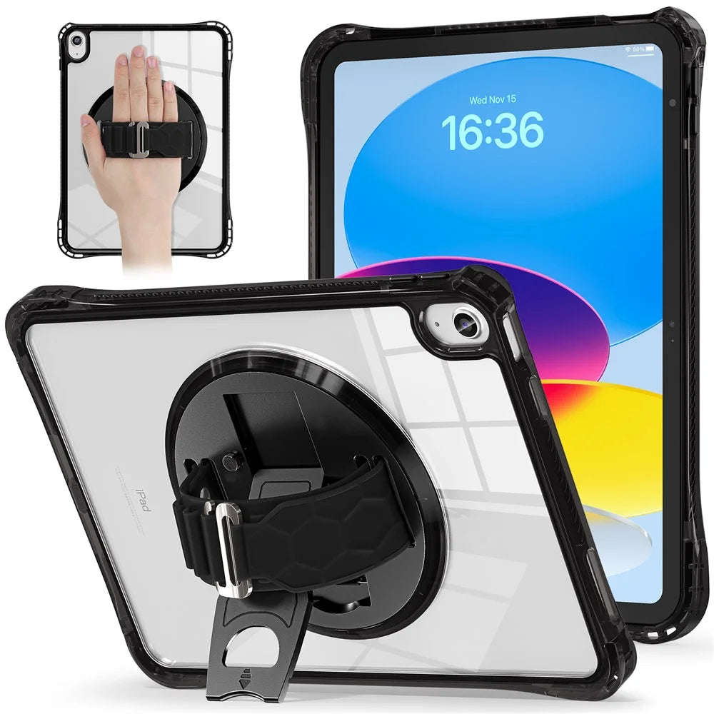 For iPad (2025) / 10.9 (2022) Case Hand Strap Kickstand PC+TPU+Acrylic Clear Tablet Cover - Black - 1