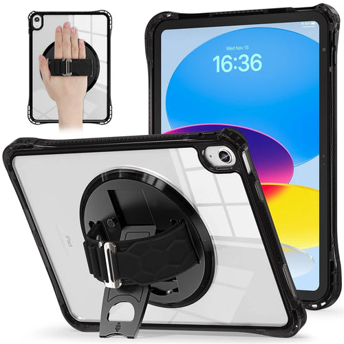 For iPad (2025) / 10.9 (2022) Case Hand Strap Kickstand PC+TPU+Acrylic Clear Tablet Cover - Black - 1