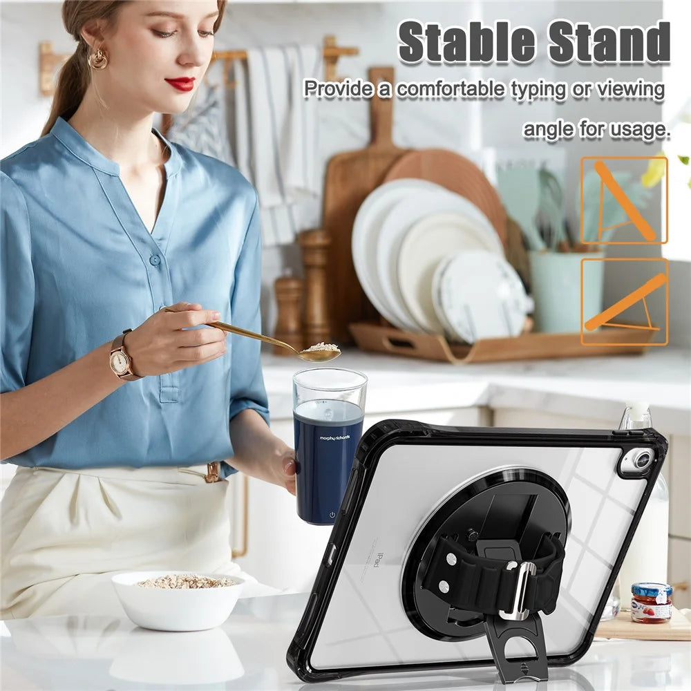 For iPad (2025) / 10.9 (2022) Case Hand Strap Kickstand PC+TPU+Acrylic Clear Tablet Cover - Black - 5