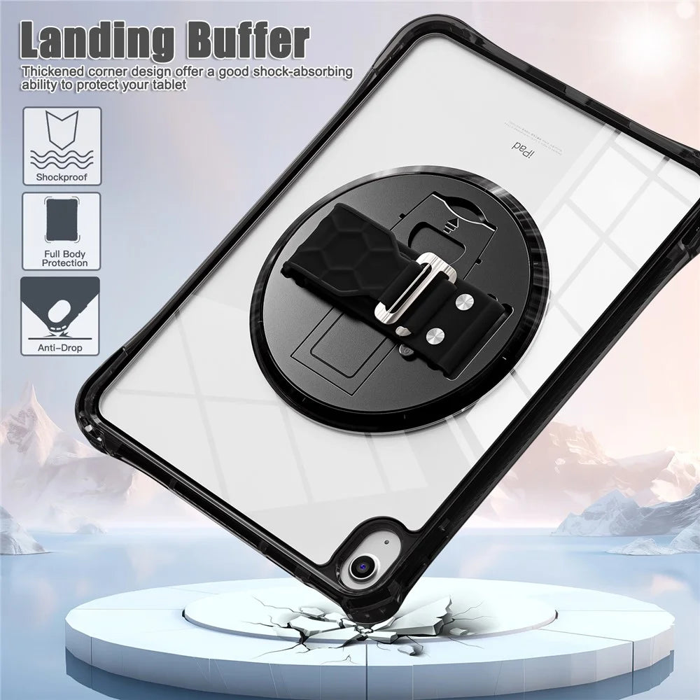For iPad (2025) / 10.9 (2022) Case Hand Strap Kickstand PC+TPU+Acrylic Clear Tablet Cover - Black - 7