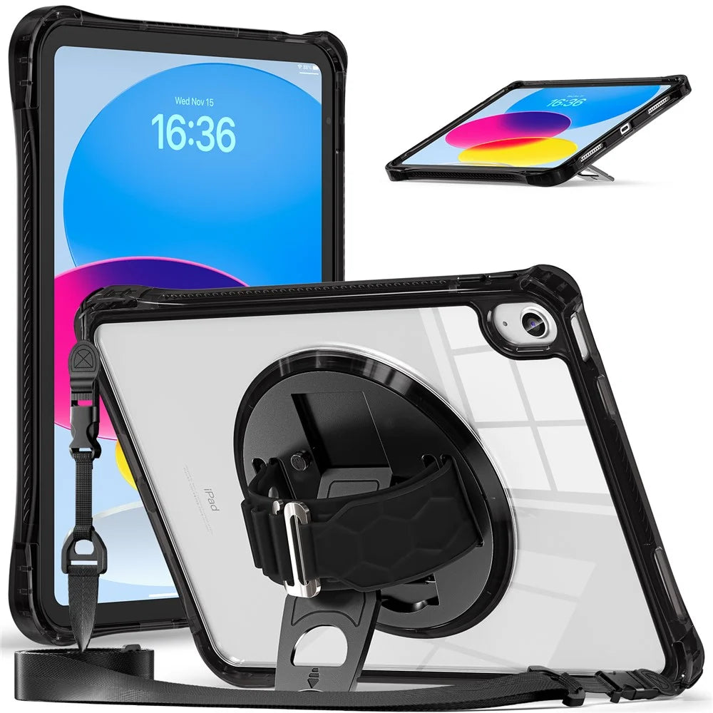 For iPad (2025) / 10.9 (2022) Kickstand Case Hand Strap PC+TPU+Acrylic Cover with Shoulder Strap - Black - 1