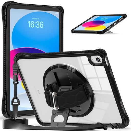 For iPad (2025) / 10.9 (2022) Kickstand Case Hand Strap PC+TPU+Acrylic Cover with Shoulder Strap - Black - 1