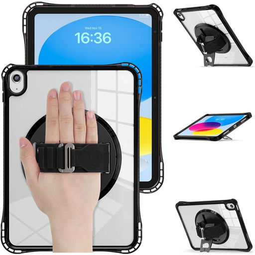 For iPad (2025) / 10.9 (2022) Kickstand Case Hand Strap PC+TPU+Acrylic Cover with Shoulder Strap - Black - 2