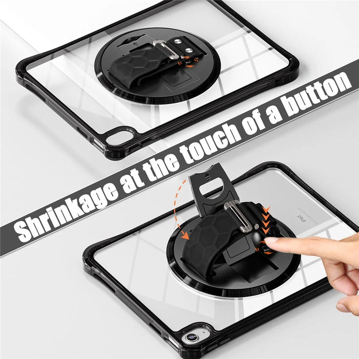 For iPad (2025) / 10.9 (2022) Kickstand Case Hand Strap PC+TPU+Acrylic Cover with Shoulder Strap - Black - 3