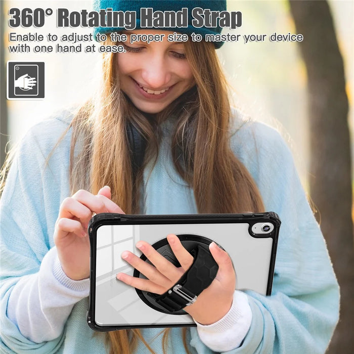 For iPad (2025) / 10.9 (2022) Kickstand Case Hand Strap PC+TPU+Acrylic Cover with Shoulder Strap - Black - 4
