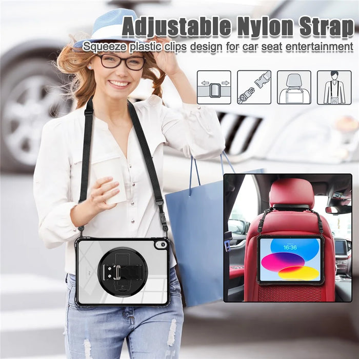 For iPad (2025) / 10.9 (2022) Kickstand Case Hand Strap PC+TPU+Acrylic Cover with Shoulder Strap - Black - 5