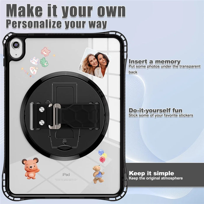 For iPad (2025) / 10.9 (2022) Kickstand Case Hand Strap PC+TPU+Acrylic Cover with Shoulder Strap - Black - 7