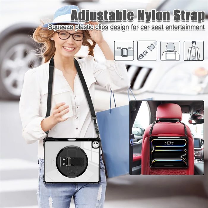 For iPad Pro 13 (2024) Kickstand Case Hand Strap PC+TPU+Acrylic Cover with Shoulder Strap - Black - 4