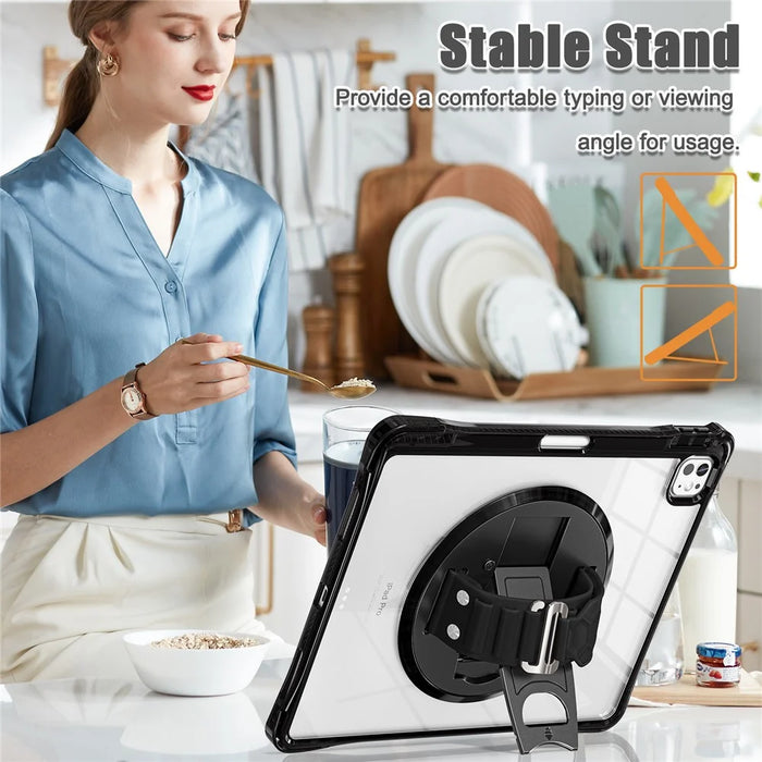 For iPad Pro 13 (2024) Kickstand Case Hand Strap PC+TPU+Acrylic Cover with Shoulder Strap - Black - 5