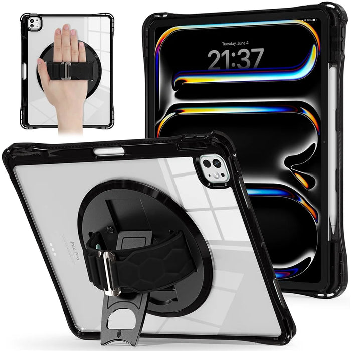 For iPad Pro 13 (2024) Case Hand Strap Kickstand PC+TPU+Acrylic Clear Tablet Cover - Black - 1