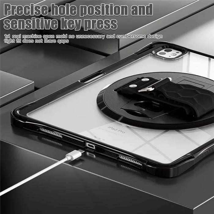 For iPad Pro 13 (2024) Case Hand Strap Kickstand PC+TPU+Acrylic Clear Tablet Cover - Black - 7