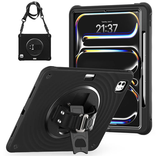 For iPad Pro 13 (2025) / 13 (2024) Case Kickstand Hand Strap Tablet Cover with Shoulder Strap - Black - 1