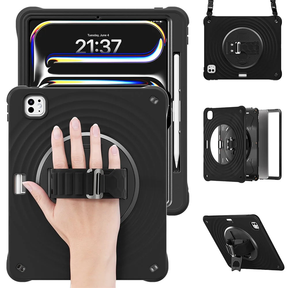 For iPad Pro 13 (2025) / 13 (2024) Case Kickstand Hand Strap Tablet Cover with Shoulder Strap - Black - 2