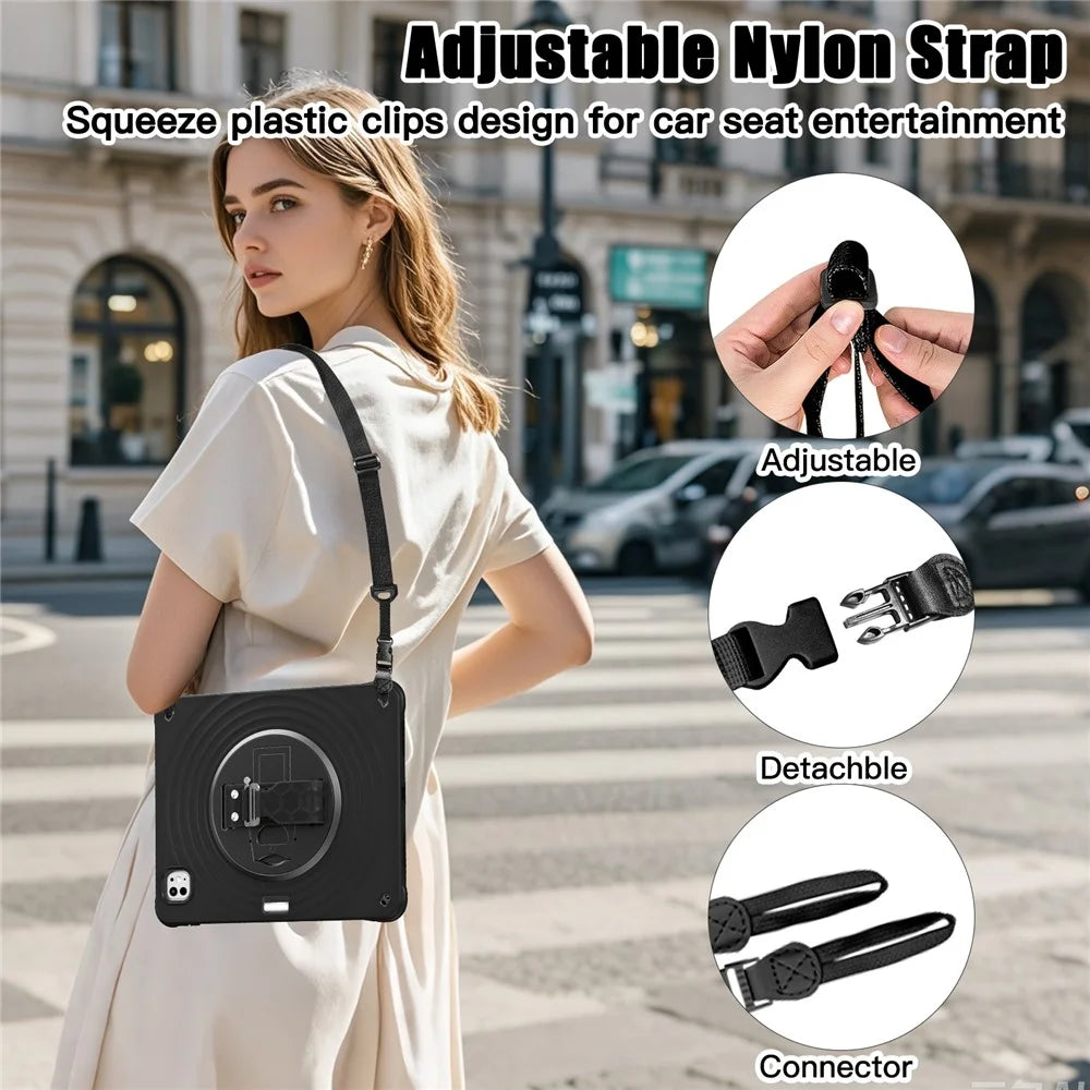 For iPad Pro 13 (2025) / 13 (2024) Case Kickstand Hand Strap Tablet Cover with Shoulder Strap - Black - 5