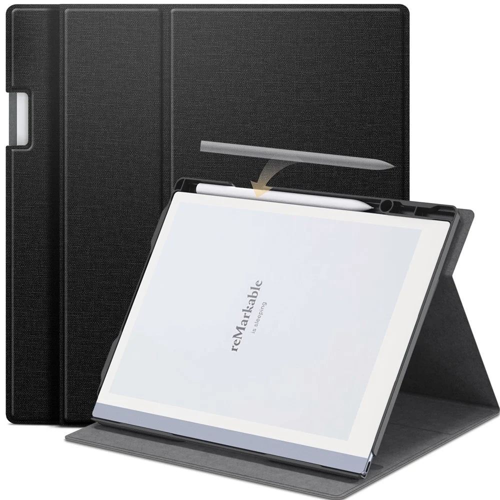 For Remarkable 2 Case Rotating Stand PC+PU Leather E-Reader Cover with Pen Holder - Black - 1