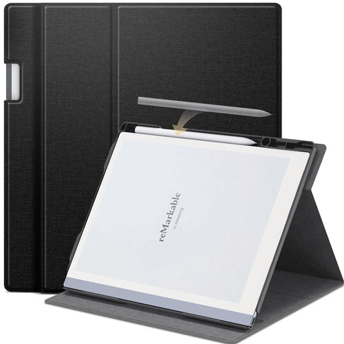 For Remarkable 2 Case Rotating Stand PC+PU Leather E-Reader Cover with Pen Holder - Black - 1