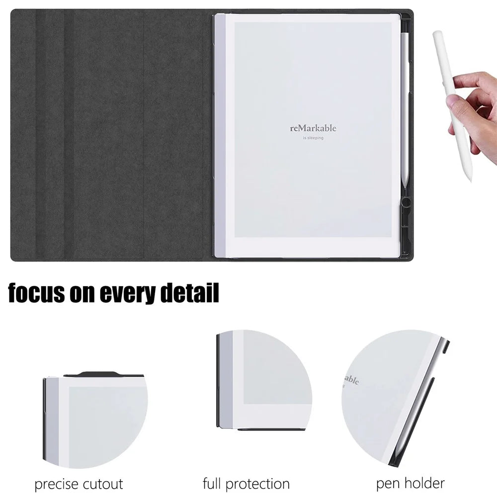 For Remarkable 2 Case Rotating Stand PC+PU Leather E-Reader Cover with Pen Holder - Black - 2