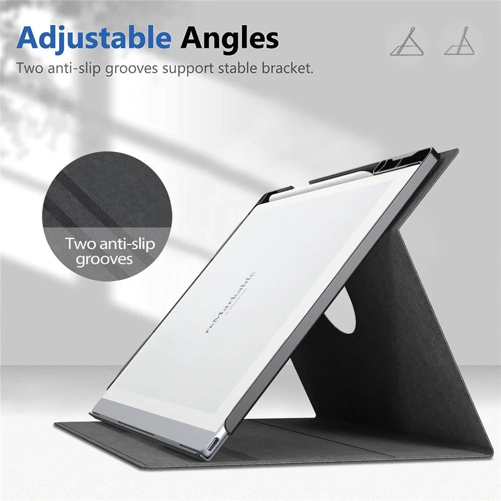 For Remarkable 2 Case Rotating Stand PC+PU Leather E-Reader Cover with Pen Holder - Black - 3