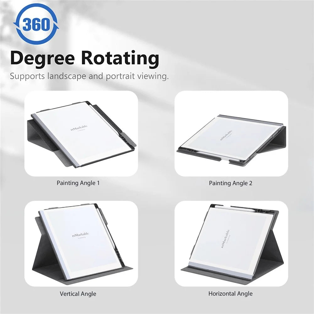 For Remarkable 2 Case Rotating Stand PC+PU Leather E-Reader Cover with Pen Holder - Black - 5
