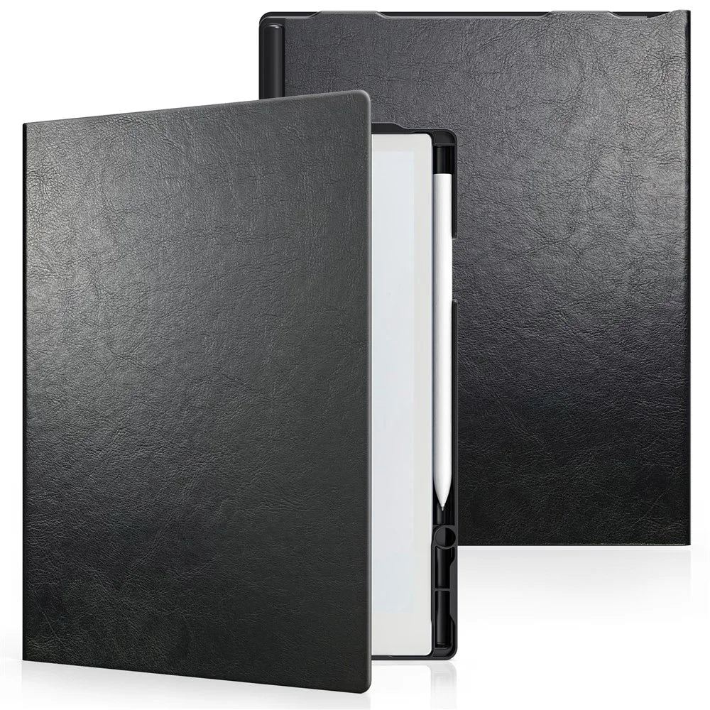 For Remarkable 2 Case Book Folio Style PC+PU Leather E-Reader Cover with Pen Holder - Black - 1