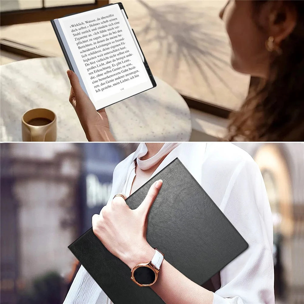 For Remarkable 2 Case Book Folio Style PC+PU Leather E-Reader Cover with Pen Holder - Black - 6