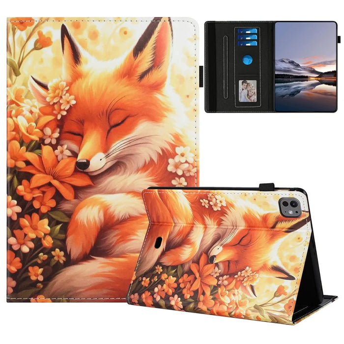 For iPad Pro 11 (2025) / 11 (2024) Case Pattern Leather Tablet Cover with Auto Sleep / Wake, Card Holder - Flower Fox - 1