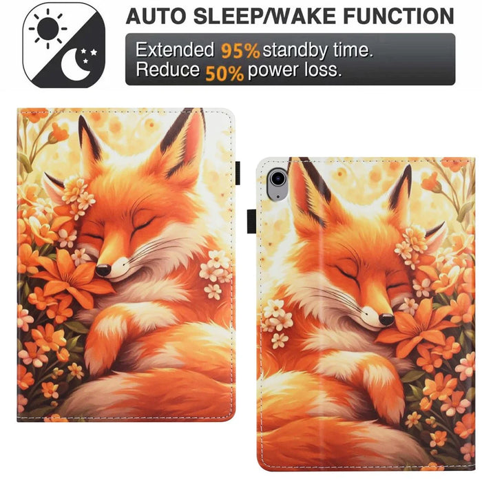 For iPad (2025) / 10.9 (2022) Case Pattern Leather Tablet Cover with Auto Sleep / Wake, Card Holder - Flower Fox - 6