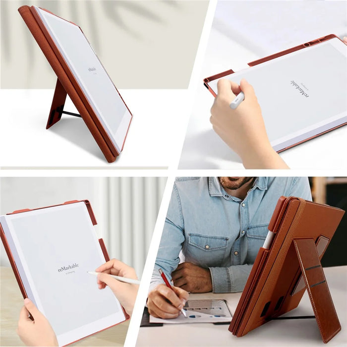 For ReMarkable Paper Pro Case Card Slots Stand PC+PU Leather E-Reader Cover with Pen Holder - Black - 6