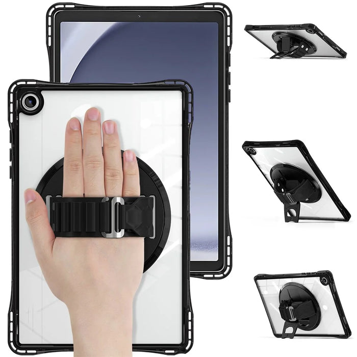 For Samsung Galaxy Tab A9+ SM-X210 / X216 / X218 Case Hand Strap Kickstand PC+TPU+Acrylic Clear Tablet Cover - Black - 1