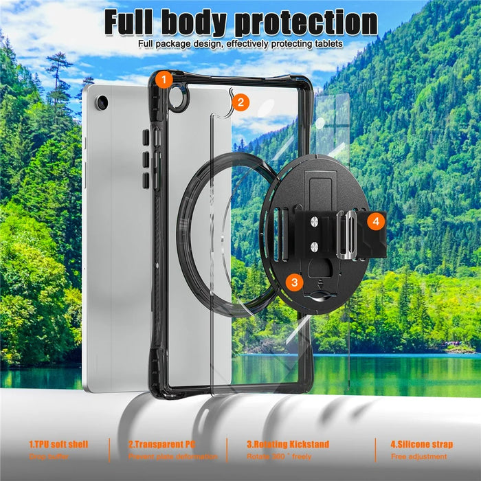 For Samsung Galaxy Tab A9+ SM-X210 / X216 / X218 Case Hand Strap Kickstand PC+TPU+Acrylic Clear Tablet Cover - Black - 4