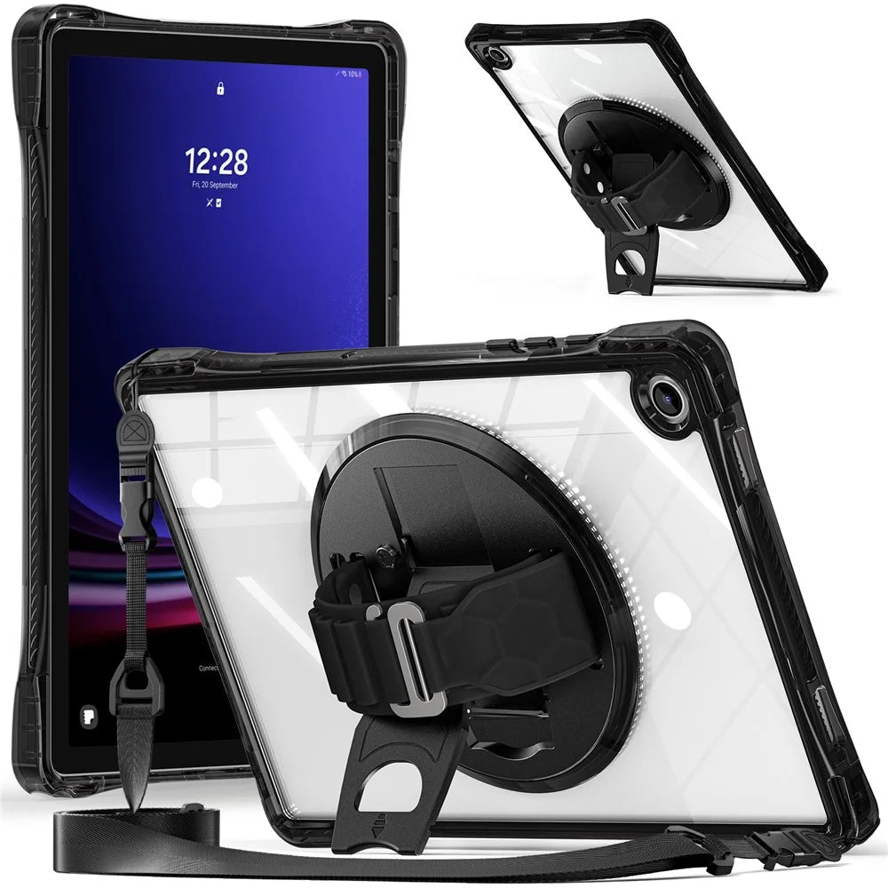 For Samsung Galaxy Tab A9+ SM-X210 / X216 / X218 Kickstand Case Hand Strap PC+TPU+Acrylic Cover with Shoulder Strap - Black - 1