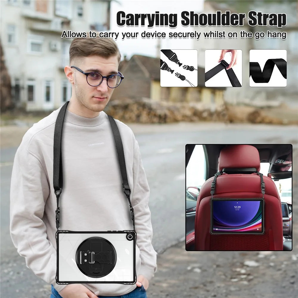 For Samsung Galaxy Tab A9+ SM-X210 / X216 / X218 Kickstand Case Hand Strap PC+TPU+Acrylic Cover with Shoulder Strap - Black - 2