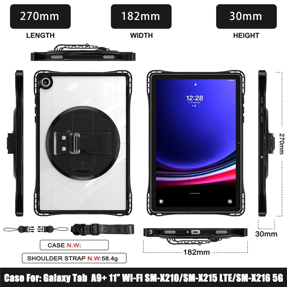 For Samsung Galaxy Tab A9+ SM-X210 / X216 / X218 Kickstand Case Hand Strap PC+TPU+Acrylic Cover with Shoulder Strap - Black - 3