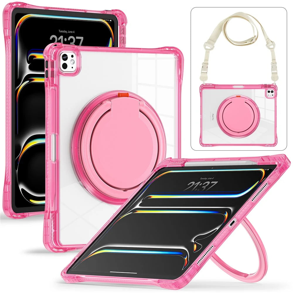 For iPad Pro 13 (2025) / 13 (2024) Case with Shoulder Strap Kickstand PC+TPU+Acrylic Tablet Cover - Rose - 2