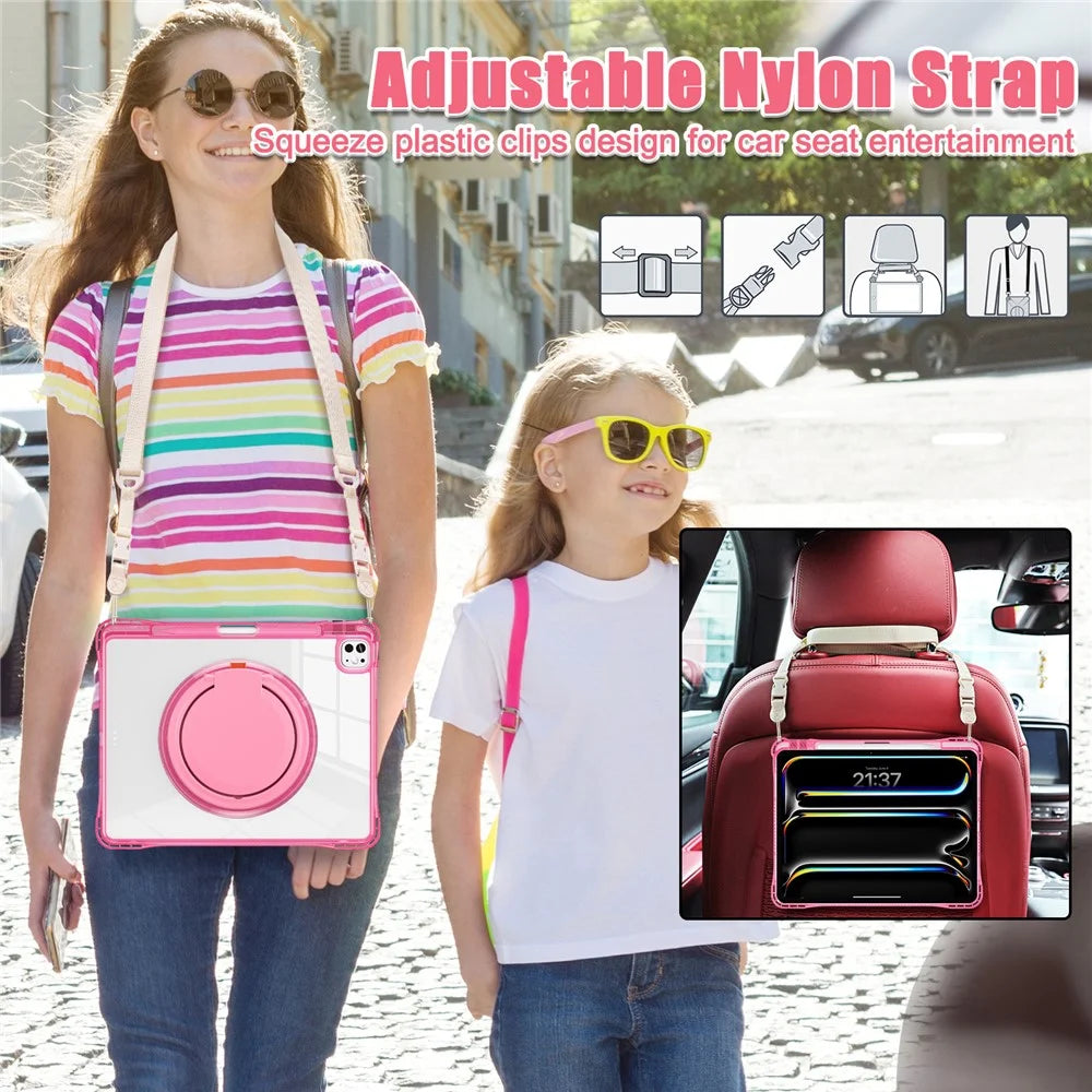 For iPad Pro 13 (2025) / 13 (2024) Case with Shoulder Strap Kickstand PC+TPU+Acrylic Tablet Cover - Rose - 4