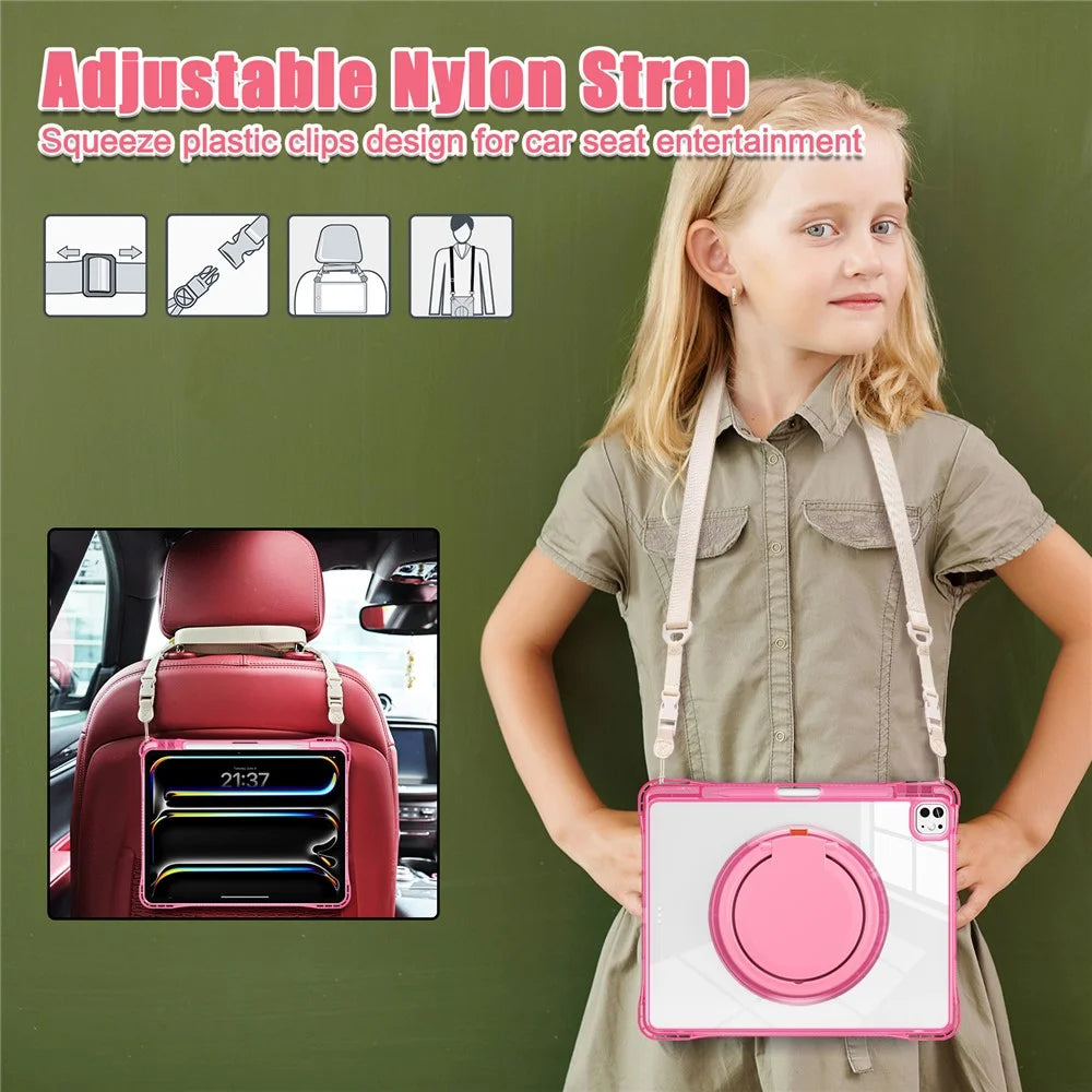 For iPad Pro 13 (2025) / 13 (2024) Case with Shoulder Strap Kickstand PC+TPU+Acrylic Tablet Cover - Rose - 5