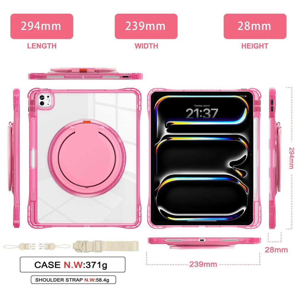 For iPad Pro 13 (2025) / 13 (2024) Case with Shoulder Strap Kickstand PC+TPU+Acrylic Tablet Cover - Rose - 6