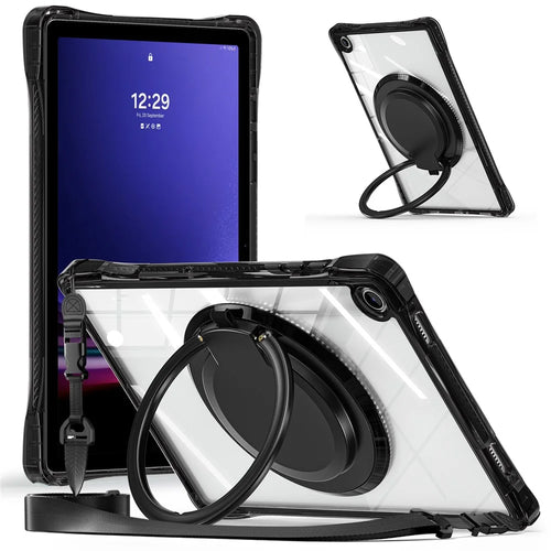 For Samsung Galaxy Tab A9+ SM-X210 / X216 / X218 Case with Shoulder Strap Kickstand PC+TPU+Acrylic Tablet Cover - Black - 1