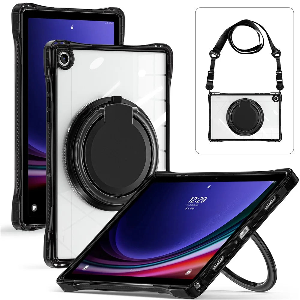 For Samsung Galaxy Tab A9+ SM-X210 / X216 / X218 Case with Shoulder Strap Kickstand PC+TPU+Acrylic Tablet Cover - Black - 3