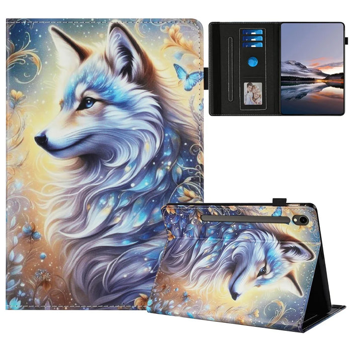 For Samsung Galaxy Tab S9 / S10 FE / S9 FE Case Pattern Leather Tablet Cover with Auto Sleep / Wake, Card Holder - White Wolf - 1