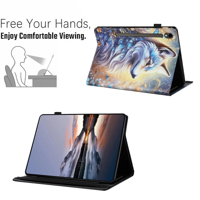 For Samsung Galaxy Tab S9 / S10 FE / S9 FE Case Pattern Leather Tablet Cover with Auto Sleep / Wake, Card Holder - White Wolf - 5