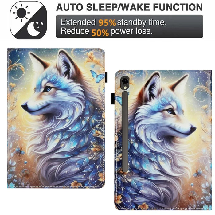 For Samsung Galaxy Tab S9 / S10 FE / S9 FE Case Pattern Leather Tablet Cover with Auto Sleep / Wake, Card Holder - White Wolf - 6