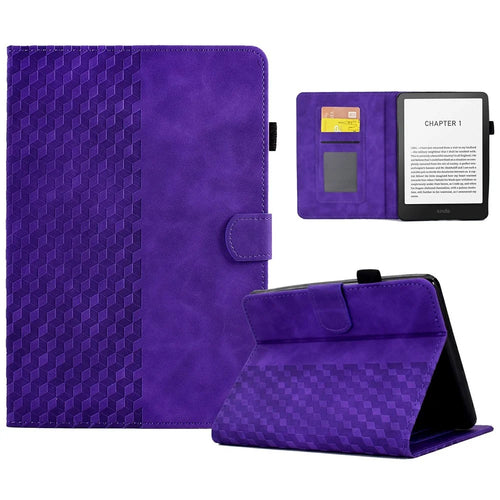 For Amazon Kindle Paperwhite (2024) Case Card Slots Leather Cover Block Pattern - Purple - 1