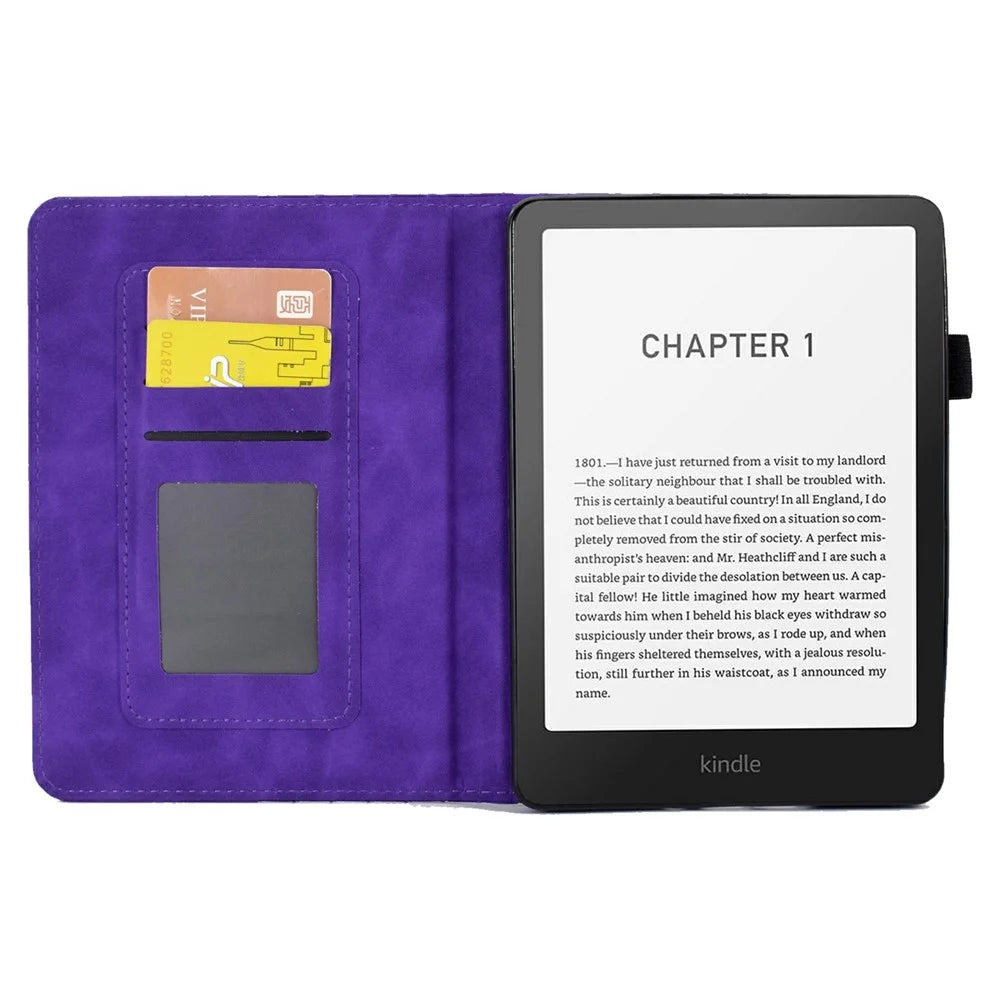 For Amazon Kindle Paperwhite (2024) Case Card Slots Leather Cover Block Pattern - Purple - 2