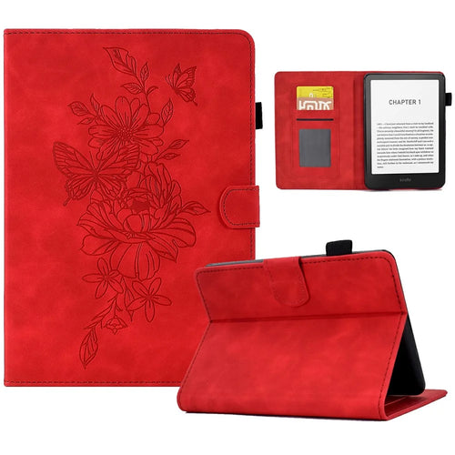 For Amazon Kindle Paperwhite (2024) Case Flower Butterfly Imprinted Card Slots Leather Cover - Red - 1