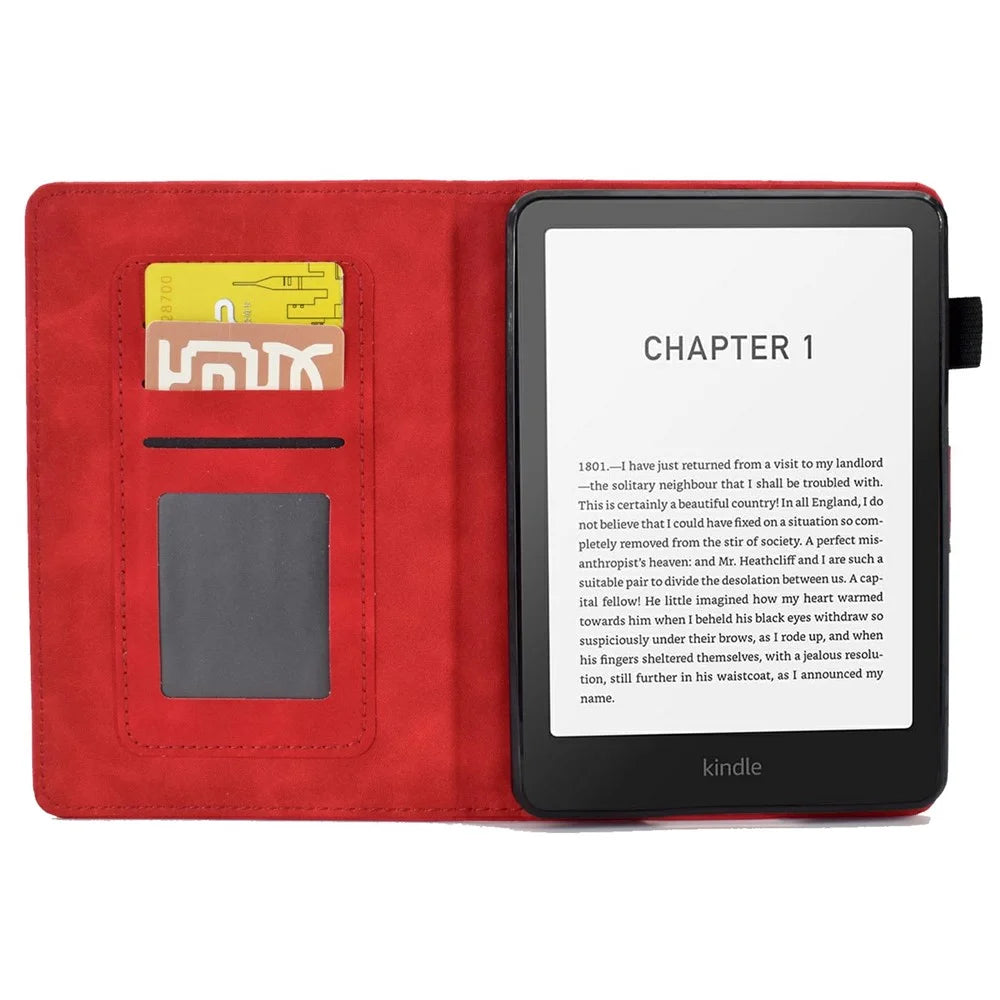 For Amazon Kindle Paperwhite (2024) Case Flower Butterfly Imprinted Card Slots Leather Cover - Red - 2